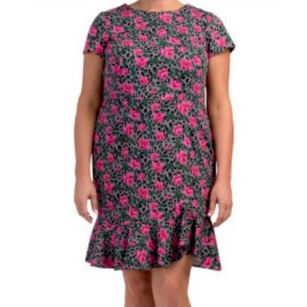 Betsey Johnson Grey Leopard & Rose Print Crepe Ruffled Shell Mini Dress, Size 16